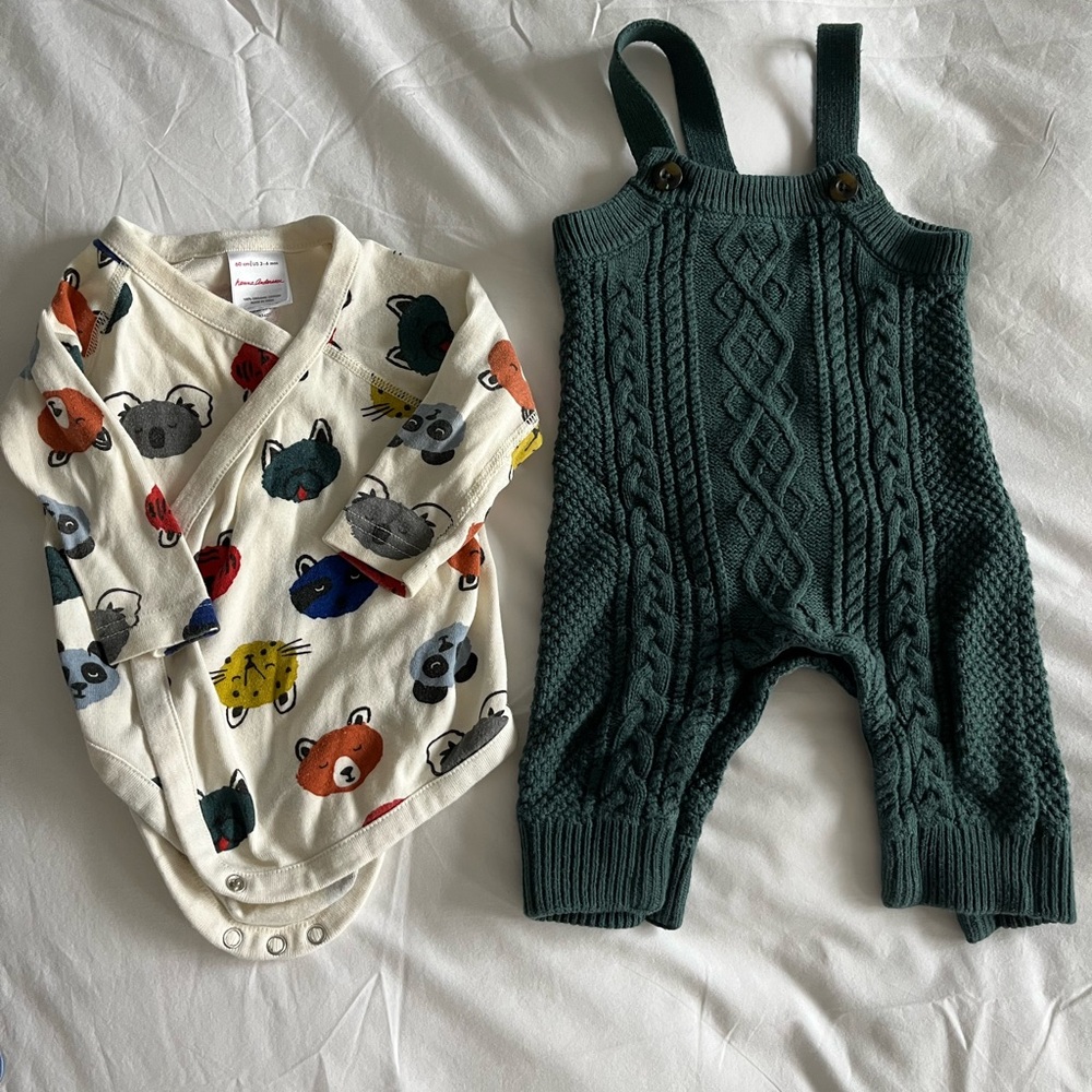 Hannah Andersson Animal Print Onesie and Green Knit Overalls 3-6m